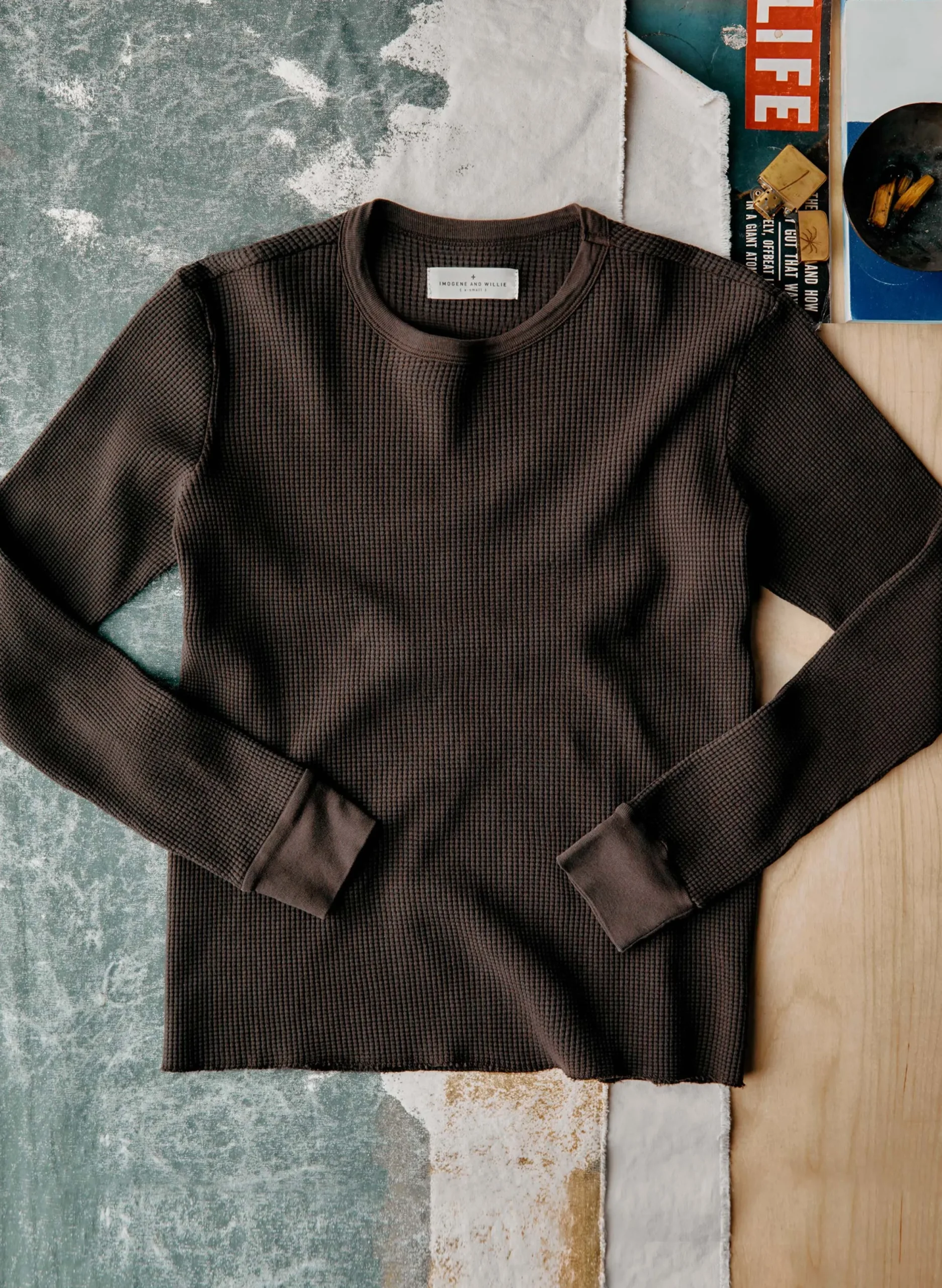 imogene + willie The Long Sleeve Thermal Crew In Brown| Knits & Sweaters